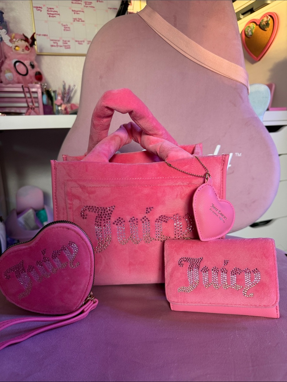 Juicy Couture Hot Pink Velvet Rhinestone Tote with Wallet & Heart Coin Purse